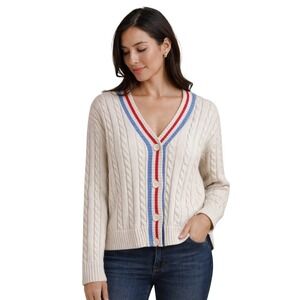 Prince Pickleball Cardigan Women Medium Cream Cable‎ Knit V-Neck Striped